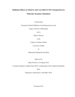 Radiation Effects on Metal Fe and Core-Shell Ti-TiO2 Nanoparticles by Molecular Dynamics Simulation